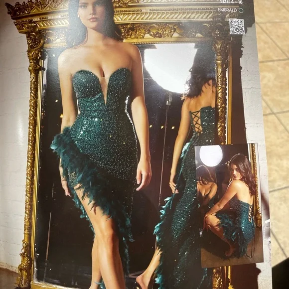 green emerald velvet dress Perrin Emerald Green Feather Dress High Slit Gown main image 1